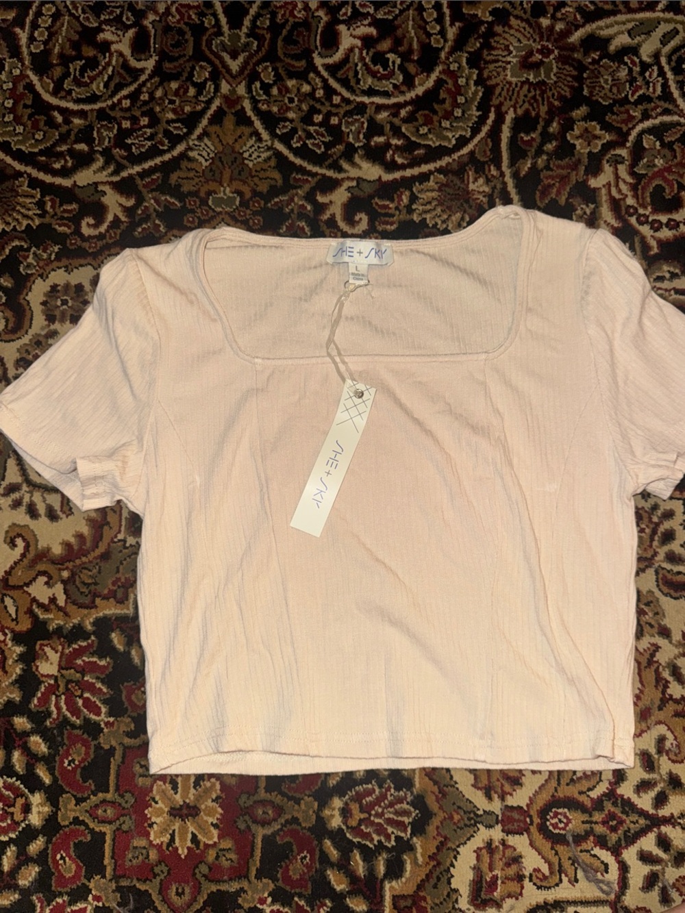 She + Sky Light Blush Ribbed Square-Neck Crop Top Size L